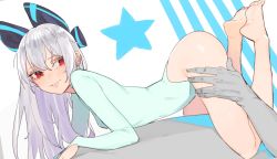 Rule 34 | 1girl, alternate costume, arched back, bad id, bad twitter id, barefoot, beijuu, blue bow, bow, commentary request, girls&#039; frontline, hair between eyes, hair bow, hand on another&#039;s thigh, highres, knees apart feet together, leotard, long hair, parted lips, red eyes, silver hair, solo focus, teeth, tokarev (girls&#039; frontline)