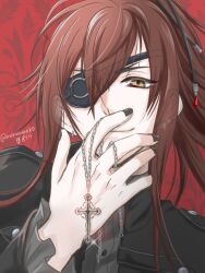 Rule 34 | 1boy, black jacket, black nails, black sweater, closed mouth, collar x malice, enomoto mineo, eyepatch, highres, jacket, jewelry, long hair, looking at viewer, male focus, mero-yoruyami, necklace, ponytail, red background, red hair, ring, ring necklace, smile, solo, sweater, turtleneck, turtleneck sweater, yellow eyes