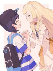 Rule 34 | 1boy, 1girl, backpack, bag, black bag, black hair, black hat, blonde hair, blue shirt, braid, closed eyes, creatures (company), dress, elbow gloves, elio (pokemon), fua1heyvot4ifsr, game freak, gloves, green eyes, hat, highres, holding hands, interlocked fingers, lillie (anniversary 2024) (pokemon), lillie (pokemon), long hair, nintendo, official alternate costume, open mouth, pokemon, pokemon masters ex, pokemon sm, shirt, short hair, short sleeves, sleeveless, sleeveless dress, striped clothes, striped shirt, teeth, twin braids, two-tone shirt, upper teeth only, white dress, white gloves, white shirt