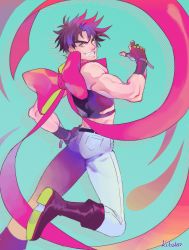 Rule 34 | 1boy, absurdres, boots, bow, denim, fingerless gloves, gloves, gradient hair, green eyes, grimmy666666, grin, highres, jeans, jojo no kimyou na bouken, joseph joestar, joseph joestar (young), male focus, midriff, multicolored hair, narrow waist, pants, pink hair, pink scarf, pointing, pointing at self, purple hair, ribbon, scarf, scarf bow, smile, solo