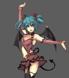 Rule 34 | 1girl, aqua eyes, aqua hair, armpits, bare shoulders, bat wings, belt, black thighhighs, breasts, center opening, cleavage, cleavage cutout, clothing cutout, collaboration, demon girl, demon tail, elbow gloves, eu03, fang, female focus, garter straps, gloves, hair ribbon, hatsune miku, heart, heart hunter, highres, navel, open mouth, panties (pantsu-pirate), project diva, project diva (series), ribbon, short hair, short twintails, simple background, skirt, solo, tail, thighhighs, twintails, vocaloid, wings, world is mine (vocaloid)