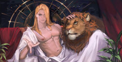 Rule 34 | 1boy, absurdres, animal, bare pectorals, blonde hair, blue eyes, collarbone, eyelashes, final fantasy, final fantasy xiv, forehead jewel, hair over one eye, highres, large pectorals, light smile, lion, looking at viewer, male focus, namikaze (dobbyka), navel, nipples, open clothes, open robe, pectorals, petting, plant, red curtains, robe, signature, sitting, smile, solo, white robe, zenos yae galvus