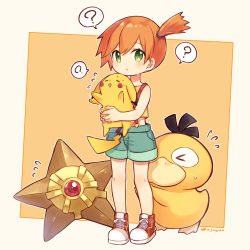 Rule 34 | 1girl, ?, artist name, blush, commentary request, creatures (company), eyelashes, fingernails, game freak, gen 1 pokemon, green eyes, green shorts, hair tie, highres, holding, holding pokemon, jiyuu (xjuyux), knees, looking at viewer, misty (pokemon), nintendo, orange hair, pikachu, pokemon, pokemon (anime), pokemon (classic anime), pokemon (creature), psyduck, shoes, short hair, shorts, side ponytail, sneakers, spoken question mark, standing, staryu, suspenders, tank top, watermark, yellow tank top