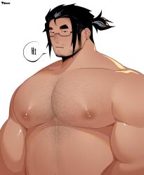 Rule 34 | 1boy, bara, belly, chest hair, completely nude, english text, facial hair, fat, fat man, glasses, goatee, hairy, high ponytail, highres, introduction, large pectorals, long sideburns, looking at viewer, male focus, mature male, multicolored hair, muscular, muscular male, mustache stubble, mutton chops, nipples, nude, old, old man, original, pectorals, scar, scar across eye, short hair, sideburns, solo, speech bubble, streaked hair, stubble, tacco (el tacc0), taro yamada (tacco), upper body