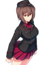 Rule 34 | 10s, 1girl, arched back, blouse, brown eyes, brown hair, clenched hands, cross, dutch angle, garrison cap, girls und panzer, hair between eyes, halcon, hat, highres, iron cross, looking at viewer, military, military uniform, nishizumi maho, pleated skirt, red shirt, shirt, short hair, simple background, skirt, solo, uniform, white background