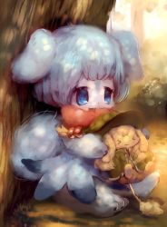 Rule 34 | androgynous, blue eyes, blue hair, dog, forest, furry, gender request, hat, highres, manino (mofuritaionaka), nature, open mouth, outdoors, plant, short hair