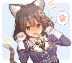 Rule 34 | 1girl, animal ear fluff, animal ears, black hair, black necktie, blue background, blush, breasts, brown eyes, cat ears, cat girl, cat tail, commentary request, fujisaki yuu, gloves, haguro (kancolle), haguro kai ni (kancolle), hair ornament, jacket, kantai collection, kemonomimi mode, large breasts, looking at viewer, necktie, open mouth, paw pose, purple jacket, shirt, short hair, solo, spoken paw, tail, two-tone background, upper body, wavy mouth, white background, white shirt