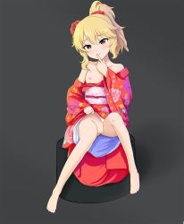 Rule 34 | 1girl, blonde hair, closed mouth, clothes lift, finger to mouth, flat chest, floral print, flower, full body, hair flower, hair ornament, head tilt, highres, idolmaster, idolmaster cinderella girls, japanese clothes, kimono, kimono lift, lifting own clothes, looking at viewer, nipples, no panties, pussy, red kimono, sakurai momoka, simple background, sitting, sleeves past wrists, smile, tomato (papanohimitsu)