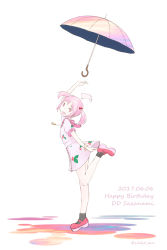 Rule 34 | 10s, 1girl, alternate costume, bracelet, rabbit, commentary request, dated, full body, hair bobbles, hair ornament, happy birthday, jewelry, jikkou-san (zikko san), kantai collection, looking at viewer, pendant, pink eyes, pink hair, sazanami (kancolle), solo, standing, standing on one leg, twintails, twitter username, umbrella, white background