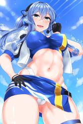 Rule 34 | 1girl, absurdres, bad id, bad pixiv id, bandeau, black gloves, blue bandeau, blue eyes, blue hair, blue skirt, blue sky, breasts, cameltoe, cleft of venus, cloud, commentary request, day, from below, gloves, gotland (kancolle), hand on own hip, headphones, headset, highleg, highleg panties, highres, ibuki grunt, kantai collection, large breasts, long hair, microphone, midriff, miniskirt, mole, mole under eye, navel, panties, ponytail, race queen, skirt, sky, solo, thighhighs, twitter username, underwear, white panties