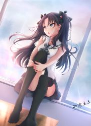 Rule 34 | 1girl, :o, absurdres, black hair, black skirt, black thighhighs, blue eyes, dated, fate/stay night, fate (series), hair ribbon, highres, jiang xin, long hair, looking to the side, ribbon, sailor collar, sitting, skirt, solo, thighhighs, tohsaka rin, two side up, window, windowsill
