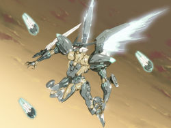 Rule 34 | 00s, energy wings, flying, funnels (gundam), highres, jehuty, mecha, nandz, nelo (fox), no humans, robot, solo, wallpaper, wings, zone of the enders, zone of the enders 2
