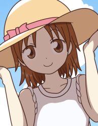 Rule 34 | amame (miu), blue sky, bow, brown eyes, brown hair, collarbone, doodles, hat, hat bow, holding, holding clothes, holding hat, looking at viewer, ooi! tonbo, ooi tonbo, outdoors, pink bow, short hair, sky, smile, straw hat, tank top, white tank top