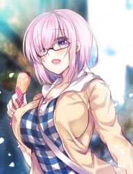 Rule 34 | 1girl, :d, black-framed eyewear, blush, breasts, cleavage, crepe, fate/grand order, fate (series), food, glasses, hair over one eye, highres, large breasts, light purple hair, looking at viewer, mash kyrielight, mash kyrielight (senpai killer outfit), official alternate costume, open mouth, pink hair, purple eyes, short hair, smile, solo, suzunone rena, upper body