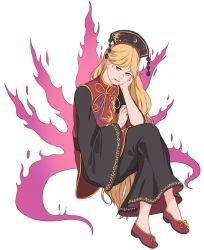 Rule 34 | 1girl, black dress, blonde hair, chinese clothes, crescent, dress, energy, full body, hand on own cheek, hand on own face, hand rest, hat, highres, junko (touhou), long hair, looking at viewer, mefomefo, parted lips, red eyes, red footwear, revision, sash, shoes, simple background, solo, tabard, tassel, touhou, very long hair, white background, wide sleeves