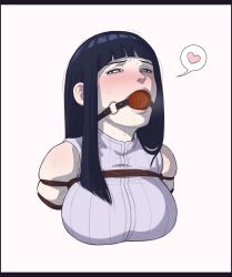 Rule 34 | 1girl, ball gag, bare shoulders, bdsm, black hair, blunt bangs, blush, bondage, bound, breasts, commentary, english commentary, gag, gagged, heart, highres, hyuuga hinata, large breasts, long hair, looking at viewer, naruto (series), naruto shippuuden, rope, saliva, simple background, solo, speech bubble, sweat, upper body, white background, wtfeather