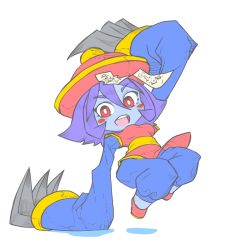Rule 34 | 1girl, breasts, capcom, chibi, chinese clothes, claws, colored skin, hat, kunimitsudx, lei lei, purple hair, red eyes, short hair, sidelocks, smile, vampire (game), zombie, zombie girl