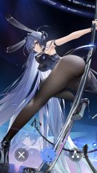 Rule 34 | 1girl, animal ears, ass, ass press, azur lane, bare shoulders, between buttocks, blue hair, blush, breasts, from behind, high heels, highres, large breasts, leaning, leaning forward, leotard, long hair, looking at viewer, new jersey (azur lane), official art, pantyhose, patent heels, pole, pole dancing, pumps, purple eyes, rabbit ears, shiny clothes, shiny skin, shoes, smile, solo, stiletto heels, uenoryoma, very long hair