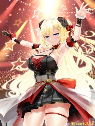 Rule 34 | 1girl, absurdres, ahoge, animal ears, armpits, blonde hair, blush, breasts, cleavage, closed mouth, covered navel, detached sleeves, floating hair, gloves, hair ornament, hair ribbon, hairclip, hands up, highres, holding, holding microphone, hololive, horns, idol clothes, large breasts, long hair, looking at viewer, microphone, puffy short sleeves, puffy sleeves, purple eyes, red gloves, red ribbon, red sleeves, ribbon, sereneandsilent, sheep ears, sheep girl, sheep horns, short sleeves, signature, single glove, smile, standing, thigh strap, thighs, tsunomaki watame, tsunomaki watame (1st solo live), twitter username, very long hair, virtual youtuber