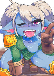 Rule 34 | 1girl, armor, blush, boots, breasts, breasts out, brown gloves, collarbone, gloves, hair between eyes, kneeling, league of legends, long sleeves, looking at viewer, medium breasts, nipples, nose blush, one breast out, one eye closed, open mouth, pointy ears, poppy (league of legends), purple eyes, shirt, shoulder armor, silver hair, simple background, solo, sweat, teeth, thighs, tongue, twintails, v, white background, yordle, zei-minarai