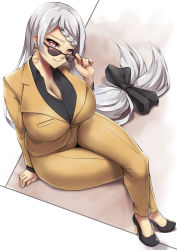 Rule 34 | 1girl, adjusting eyewear, adjusting glasses, arm support, black bow, bow, breasts, cleavage, commentary, commission, curvy, earrings, formal, grey hair, grin, hair bow, highres, huge breasts, jewelry, large breasts, long hair, looking over eyewear, looking over glasses, low-tied long hair, moon earrings, original, packge, ponytail, purple eyes, sitting, smile, solo, suit, sunglasses, tinted eyewear, very long hair, wide hips