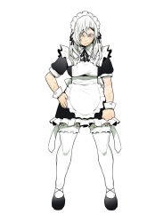 Rule 34 | 1girl, angry, apron, black footwear, colored eyelashes, dress, female focus, frills, fujita kakuji, full body, hand on own hip, highres, looking at viewer, maid, maid apron, maid headdress, original, scar, shoes, short dress, simple background, solo, standing, thighhighs, tsurime, white background, white hair, white thighhighs, wrist cuffs