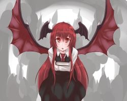 Rule 34 | 1girl, aura, b.d, black dress, blush, book, collared shirt, colored eyelashes, cowboy shot, demon wings, dress, flying, hair between eyes, highres, hip focus, holding, holding book, horns, koakuma, leaning forward, long hair, long sleeves, looking at viewer, necktie, open mouth, red eyes, red hair, red necktie, shirt, sidelocks, sleeveless, sleeveless dress, slit pupils, solo, touhou, very long hair, white shirt, wings