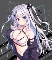 Rule 34 | 1girl, bare shoulders, bikini, bikini top only, black jacket, black ribbon, blue eyes, blue nails, blush, breasts, choker, cleavage, closed mouth, grey background, hair ribbon, halterneck, halterneck, hand up, highres, jacket, large breasts, long hair, long sleeves, looking at viewer, nail polish, navel, o-ring, off shoulder, open clothes, open jacket, original, ribbon, ryouka (suzuya), sidelocks, solo, stomach, swimsuit, two side up, upper body, very long hair, white bikini, white hair