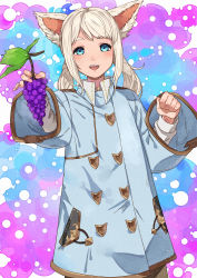 Rule 34 | 1girl, absurdres, animal ears, blue coat, blue eyes, coat, final fantasy, final fantasy xiv, food, fruit, grapes, highres, holding, holding food, kanmiya shinobu, leaf, long hair, long sleeves, low twintails, miqo&#039;te, open mouth, riqi-tio, sidelocks, simple background, solo, twintails, white hair, wide sleeves