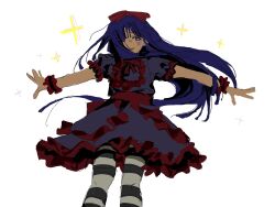 Rule 34 | 1girl, arms up, black souls, blue dress, blue hair, bow, dress, frilled cuffs, frilled dress, frills, fz d0tt, hair bow, highres, long hair, looking to the side, mabel (black souls), parted lips, puffy short sleeves, puffy sleeves, red bow, short sleeves, sidelocks, simple background, smile, solo, sparkle, sparkling eyes, striped clothes, striped thighhighs, thighhighs, very long hair, white background, wrist cuffs