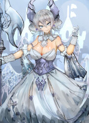 Rule 34 | 1girl, absurdres, adeshi (adeshi0693119), breasts, cleavage, demon girl, demon horns, detached collar, dress, duel monster, female focus, grey eyes, grey hair, halberd, highres, holding, holding weapon, horns, large breasts, lovely labrynth of the silver castle, low wings, polearm, short hair, tagme, transparent wings, twintails, weapon, wings, yu-gi-oh!