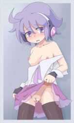 Rule 34 | 1girl, ahoge, black thighhighs, blush, border, breasts, bridal gauntlets, cleft of venus, clothes lift, embarrassed, female focus, flying sweatdrops, gradient background, headphones, nia (pop&#039;n music), nipples, no panties, open clothes, open mouth, outside border, pop&#039;n music, purple eyes, purple hair, pussy, seuteko, shadow, short hair, skirt, skirt lift, solo, sweatdrop, thighhighs, uncensored, wrist cuffs