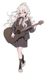 Rule 34 | 1girl, :d, absurdres, acoustic guitar, ahoge, black jacket, black skirt, black socks, brown necktie, buttons, collared shirt, curly hair, dot nose, full body, grin, guitar, hair between eyes, highres, holding, holding instrument, instrument, jacket, long hair, long sleeves, looking at viewer, mormormorp, necktie, open mouth, original, pleated skirt, purple eyes, shirt, shoes, simple background, skirt, smile, sneakers, socks, solo, standing, tachi-e, teeth, white background, white footwear, white hair, white shirt