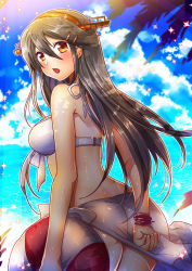 Rule 34 | 10s, 1girl, arm behind back, arms at sides, ass, bikini, black hair, breasts, clenched hand, from behind, hair between eyes, hairband, halterneck, haruna (kancolle), innertube, kantai collection, large breasts, long hair, midriff, ocean, open mouth, outdoors, sarong, solo, suou sakura, swim ring, swimsuit, thighs, tree, under tree, water, white bikini, yellow eyes