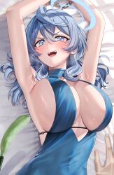Rule 34 | 1girl, 1other, absurdres, ako (blue archive), ako (dress) (blue archive), armpits, bed sheet, blue archive, blue dress, blue eyes, blue hair, blue halo, blush, breasts, covered navel, dress, earrings, hair between eyes, halo, highres, jewelry, large breasts, long hair, looking at viewer, open mouth, restrained, sideboob, sleeveless, sleeveless dress, solo focus, twitter username, yayoi maka