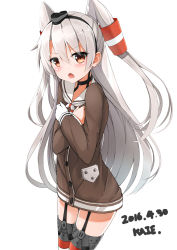 Rule 34 | 10s, 1girl, 2016, amatsukaze (kancolle), bad id, bad pixiv id, brown eyes, choker, dated, garter straps, gloves, kaieee, kantai collection, long hair, open mouth, school uniform, serafuku, silver hair, simple background, single glove, solo, thighhighs, white background