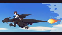 Rule 34 | 1boy, above clouds, alternate color, artist name, backpack, bag, black gloves, black hair, black pants, brown bag, charizard, claws, cloud, commentary, creatures (company), day, fire, flame-tipped tail, flying, from side, game freak, gen 1 pokemon, gloves, hat, holding, holding reins, letterboxed, male focus, nintendo, outdoors, pants, pokemon, pokemon rgby, red (pokemon), red headwear, reins, riding, riding pokemon, shiny pokemon, shiogi (riza 49), shoes, short hair, sky, symbol-only commentary, white footwear