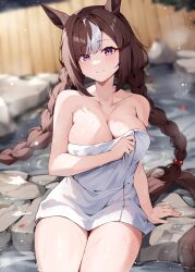 Rule 34 | 1girl, absurdres, animal ears, blurry, blurry background, braid, breasts, cleavage, closed mouth, collarbone, commentary request, highres, hokko tarumae (umamusume), horse ears, horse girl, horse tail, large breasts, long braid, long hair, misoni (mi so ni t), naked towel, onsen, purple eyes, rock, smile, solo, steam, tail, thighs, towel, twin braids, umamusume, water, wet