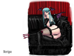 Rule 34 | 1girl, ark (morita hitomi), bare shoulders, bat wings, black garter belt, blue eyes, blue hair, boots, breasts, capcom, character name, cleavage, cosplay, couch, curtains, demon girl, demon tail, elbow gloves, fishnets, garter belt, gloves, green eyes, green hair, head wings, heart, high heels, huge breasts, latex, leather, lingerie, long hair, matching hair/eyes, morrigan aensland, nail polish, nipples, panties, pantyshot, pasties, pink nails, polearm, shoes, sideboob, sitting, solo, spear, spread legs, tail, thigh boots, thighhighs, thighs, thong, trident, underwear, vampire (game), weapon, wings