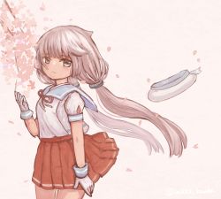 Rule 34 | 1girl, blue sailor collar, blunt bangs, blush, cherry blossoms, closed mouth, gloves, hat, kantai collection, light brown hair, long hair, low twintails, mikura (kancolle), petals, red neckwear, red skirt, sailor collar, school uniform, serafuku, short sleeves, simple background, skirt, solo, twintails, twitter username, unworn hat, unworn headwear, white gloves, white hat, wss (nicoseiga19993411)