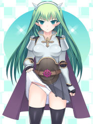 Rule 34 | 1girl, aqua eyes, armor, armored dress, bad id, bad pixiv id, black thighhighs, blush, breasts, cape, clothes lift, fingerless gloves, fireflysnow, gloves, green hair, hairband, long hair, looking at viewer, lord knight (ragnarok online), pointy ears, ragnarok online, skirt, skirt lift, solo, thighhighs