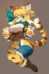 Rule 34 | 1girl, :3, animal ear fluff, animal ears, animal hands, animal nose, arm warmers, artist name, bare shoulders, blonde hair, blue shorts, body fur, boots, breasts, brown background, brown fur, brown hair, claws, double v, fang, female focus, full body, fur-trimmed footwear, fur-trimmed shorts, fur trim, furry, furry female, green eyes, green footwear, green scarf, hands up, happy, highres, hip vent, honey calamari, knee boots, large breasts, looking to the side, medium hair, mia (world flipper), multicolored hair, open mouth, pawpads, pouch, scarf, shirt, shorts, sidelocks, signature, simple background, skin fang, sleeveless, sleeveless shirt, smile, solo, tail, tiger ears, tiger girl, tiger tail, tongue, v, white fur, white hair, white shirt, world flipper, yellow fur