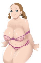 Rule 34 | 1girl, blue eyes, bra, braid, breasts, brown hair, cleavage, cleft of venus, covered erect nipples, fat, gundam, gundam suisei no majo, highres, large breasts, lilique kadoka lipati, looking at viewer, makoto daikichi, panties, plump, purple bra, purple panties, simple background, smile, solo, textless version, thick thighs, thighs, twin braids, twintails, underwear, white background
