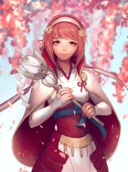 Rule 34 | 1girl, closed mouth, fire emblem, fire emblem fates, hair ornament, hairband, highres, holding, holding staff, japanese clothes, nintendo, petals, pink eyes, pink hair, sakura (fire emblem), short hair, sinnygoto, smile, solo, staff, upper body
