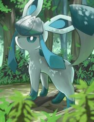 Rule 34 | blurry, blurry foreground, bush, commentary request, creatures (company), day, falling leaves, game freak, gen 4 pokemon, glaceon, highres, jira (ziraiya26), leaf, looking to the side, nintendo, no humans, outdoors, pokemon, pokemon (creature), solo, sparkle, standing