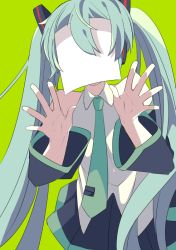 Rule 34 | 1girl, aqua hair, aqua necktie, bare shoulders, black skirt, black sleeves, blank page, commentary, covered face, cowboy shot, detached sleeves, facing viewer, green background, hair ornament, hands up, hatsune miku, headphones, long hair, miniskirt, necktie, noppera-bou, outstretched hand, paper, pleated skirt, shirt, skirt, sleeveless, sleeveless shirt, solo, twintails, very long hair, vocaloid, white shirt, yoshiki