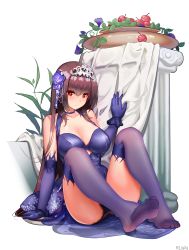 Rule 34 | 1girl, absurdres, bare shoulders, blush, breasts, cherry, choker, cleavage, closed mouth, collarbone, dress, elbow gloves, fate/grand order, fate (series), feet, flower, food, fruit, gloves, hair flower, hair ornament, heroic spirit formal dress, highres, knees up, large breasts, legs, long hair, looking at viewer, ninai, panties, pot, purple dress, purple gloves, purple hair, purple panties, purple thighhighs, red eyes, scathach (fate), scathach (formal dress) (fate), simple background, sitting, soles, thighhighs, tiara, toes, underwear, white background