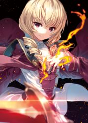 Rule 34 | 1girl, blonde hair, cape, drill hair, embers, erika wagner, highres, kawamaki uni, long hair, looking at viewer, red eyes, short sword, solo, sword, twin drills, twintails, under night in-birth, under night in-birth exe:late[st], weapon