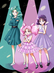 Rule 34 | bishoujo senshi sailor moon, chibi usa, dress, green dress, highres, kaiou michiru, light cone, light stick, pink dress, purple dress, tomoe hotaru