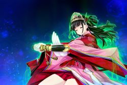 Rule 34 | 1girl, closed eyes, floating hair, game cg, gloves, glowing, haruru minamo ni!, headdress, highres, holding, holding weapon, long hair, long sleeves, official art, sheath, sheathed, shintarou, smile, solo, weapon, white gloves, wide sleeves, yamagami miori
